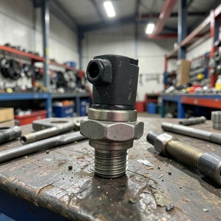 Gros plan d'un capteur de pression de rampe commune de carburant sur un établi d'atelier mécanique