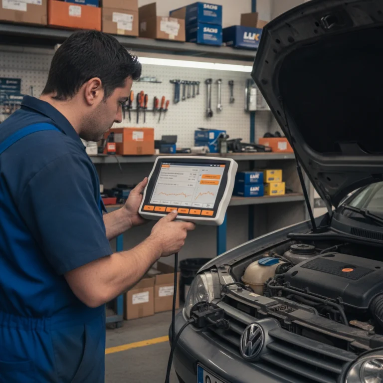 Mecánico realizando una diagnosis electrónica con máquina digital en el motor abierto de un coche en un taller.