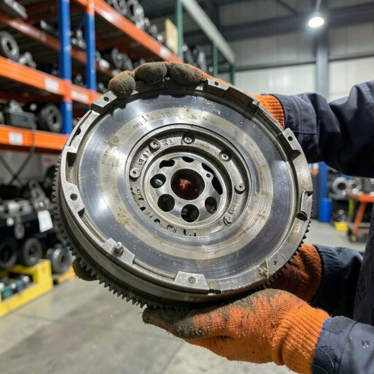 Mécanicien tenant avec des gants de travail un volant moteur bi-masse usagé dans un entrepôt