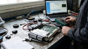 Técnico comprobando con un multímetro una centralita del motor (ECU) destapada junto a una tablet de diagnosis y la carcasa metálica en un taller mecánico.