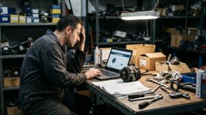 Rampa de inyección de combustible common rail sobre una mesa de trabajo junto a una tablet táctil con software de catálogo técnico en un almacén.
