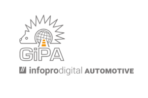 Logotipo corporativo de GiPA junto a Infopro Digital Automotive con el icono de un erizo y el mundo sobre fondo blanco.