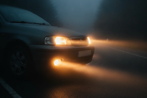 Voiture roulant de nuit, avec les phares et les feux antibrouillard allumés, sur une route brumeuse.