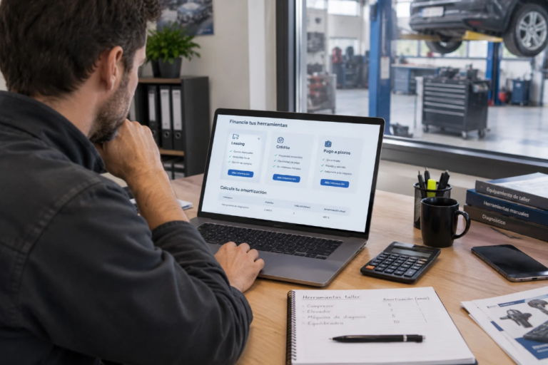 Un mécanicien ou responsable de garage assis à son bureau analyse sur son ordinateur portable les options de financement d'outillage comme le leasing, le crédit et le paiement à tempérament.