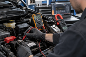Un mécanicien avec des gants noirs teste la batterie d'une voiture avec les pointes d'un multimètre numérique affichant 12.64V, avec une pince ampèremétrique et un ordinateur de diagnostic à proximité