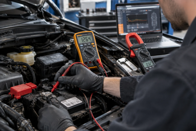 Un mécanicien avec des gants noirs teste la batterie d'une voiture avec les pointes d'un multimètre numérique affichant 12.64V, avec une pince ampèremétrique et un ordinateur de diagnostic à proximité