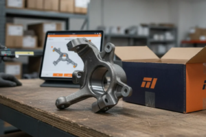 Fusée de suspension avant en fer sur un établi, avec une tablette affichant le schéma 3D de la pièce.