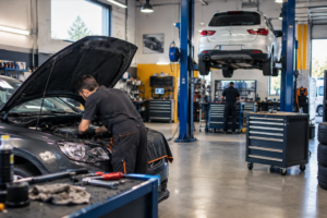 Mecánico reparando el motor de un coche en un taller con recambios y herramientas profesionales.