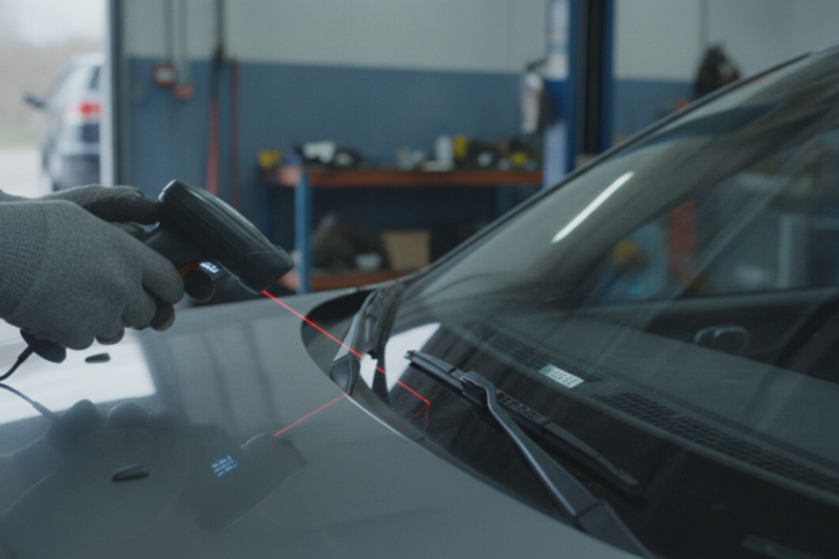 Técnico com luvas cinzentas a utilizar um leitor de código de barras laser vermelho no número de chassis (VIN) visível na base do para-brisas de um carro.