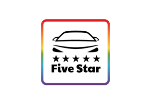 Logo Five Star représentant la silhouette d'une voiture et cinq étoiles noires dans un cadre aux couleurs de l'arc-en-ciel sur fond blanc