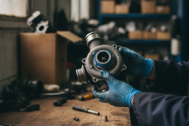 Mecânico com luvas azuis de nitrilo a segurar e inspecionar um turbocompressor de motor sobre uma bancada de trabalho numa oficina mecânica.