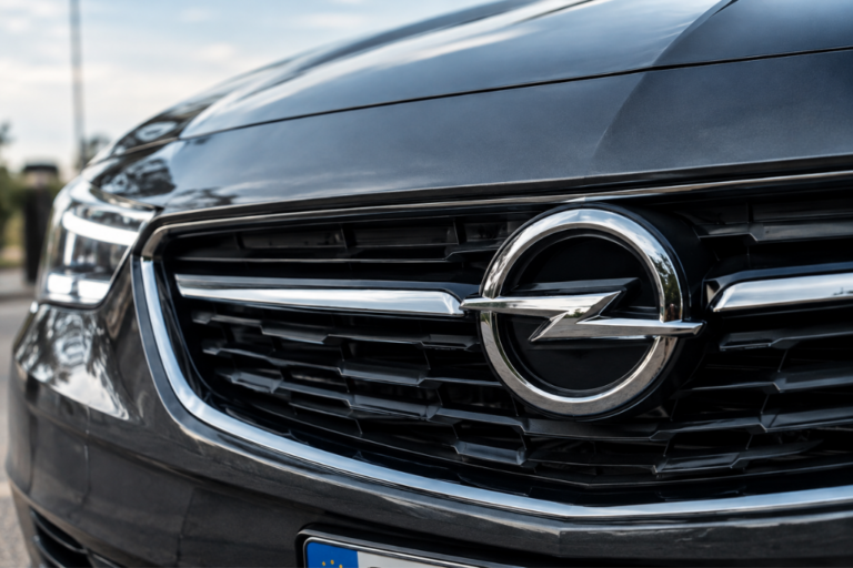 Primer plano del logotipo cromado de Opel en la parrilla delantera de un vehículo de color oscuro.