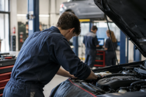 Un mecánico realizando el mantenimiento del motor de un vehículo en un taller de reparación