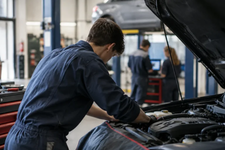 Un mecánico realizando el mantenimiento del motor de un vehículo en un taller de reparación