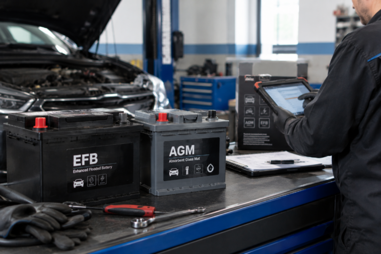 Mecânico numa oficina a consultar uma máquina de diagnóstico num tablet ao lado de duas baterias de carro das tecnologias EFB e AGM numa bancada.
