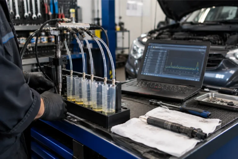 Mecânico com luvas pretas a realizar o teste de retorno e caudal de injetores diesel com provetas graduadas e computador de diagnóstico num banco de ensaio.