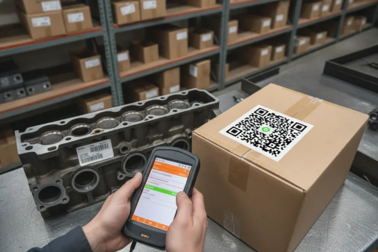 Une personne tient un terminal portable (couramment utilisé pour la gestion des stocks et la lecture de codes) en le dirigeant vers des éléments ou en saisissant des données.