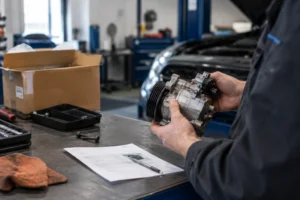 Mecânico a segurar e examinar um compressor de ar condicionado de carro junto a uma folha de verificação na bancada de trabalho.