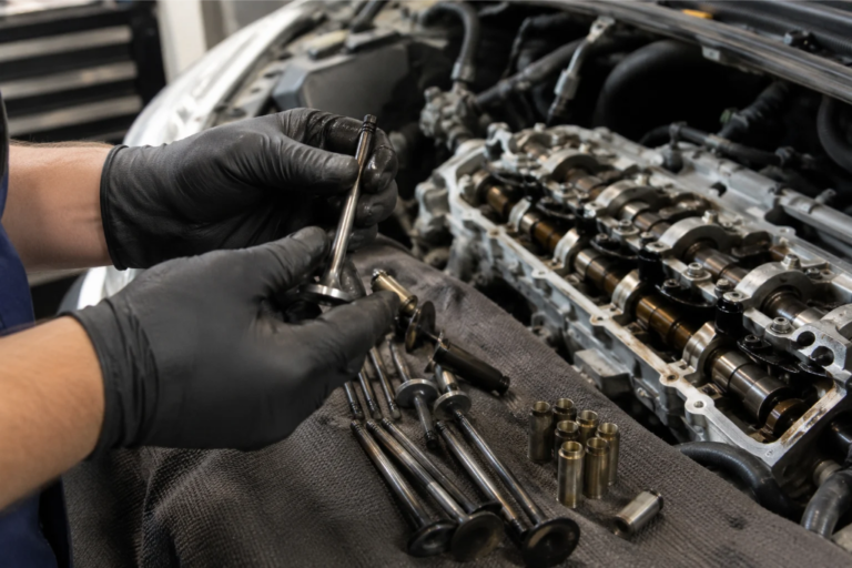 Un mécanicien portant des gants noirs examine une soupape d'admission ou d'échappement à côté de la culasse démontée d'un moteur.