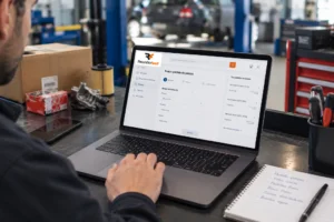 Mecânico a utilizar um computador portátil na oficina para realizar uma nova encomenda de peças no portal Recambiofacil, com peças e um bloco de notas ao lado.