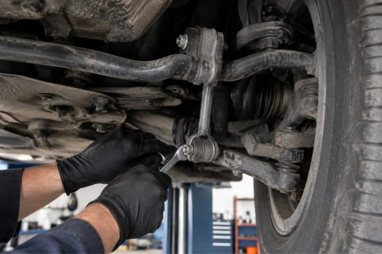 Un mécanicien avec des gants noirs utilise une clé pour serrer la biellette de suspension connectée à la barre stabilisatrice sous une voiture montée sur un pont.