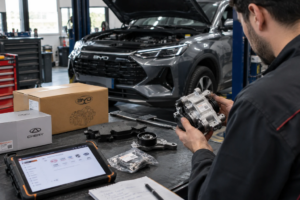 Mecánico revisando recambios para un coche BYD en un taller automotriz