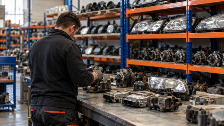 Mão de um mecânico com luva a procurar peças sobresselentes usadas em prateleiras industriais cheias de componentes de automóveis velhos e sucata.