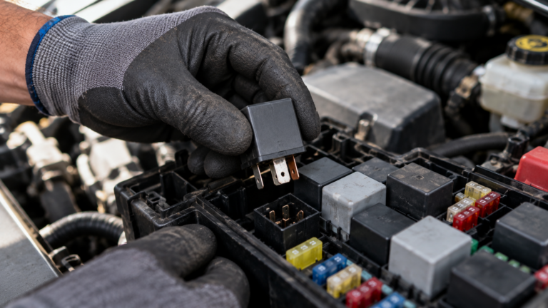 Um mecânico com luvas pretas a verificar os fusíveis e relés dentro da caixa de fusíveis do motor de um carro.